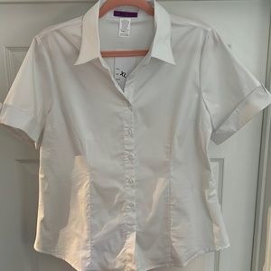 White short sleeve button down top
